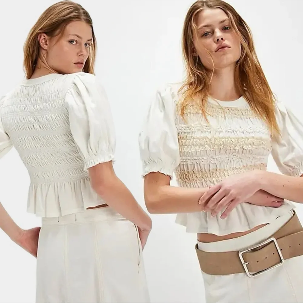 Free People Bohemian Cottage Ruched Maxey Knit Top in Ivory XL NWT Puff Sleeves